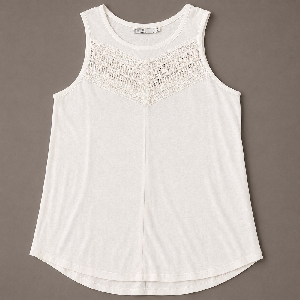 Prana‎ Summer Crochet Yoke White Layering Tank (SM) Sustainable Lightweight Top
